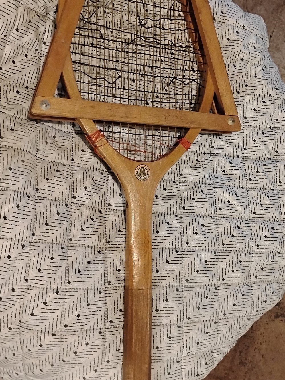 Vintage Wooden Tennis Racket with Emblem - Natural Wood